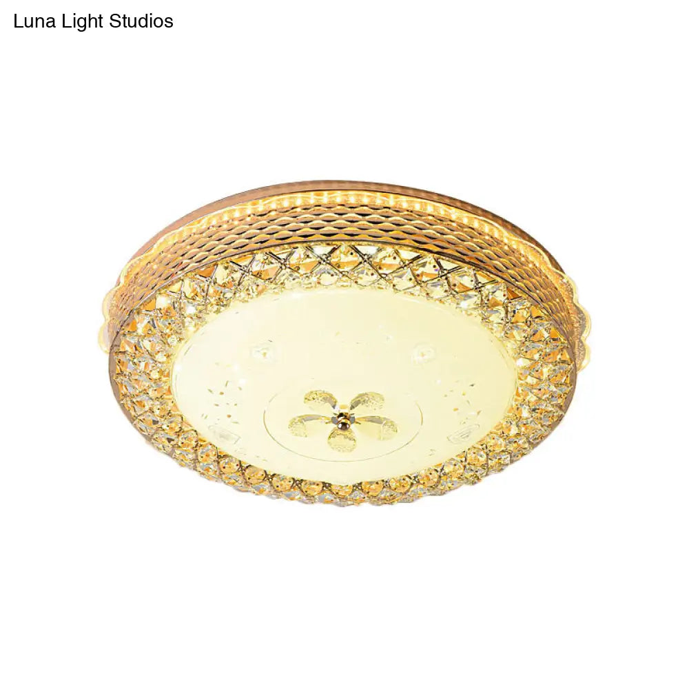 Modernist Led Gold Flush Mount Light With Beveled Crystal Bowl And Floral Pattern
