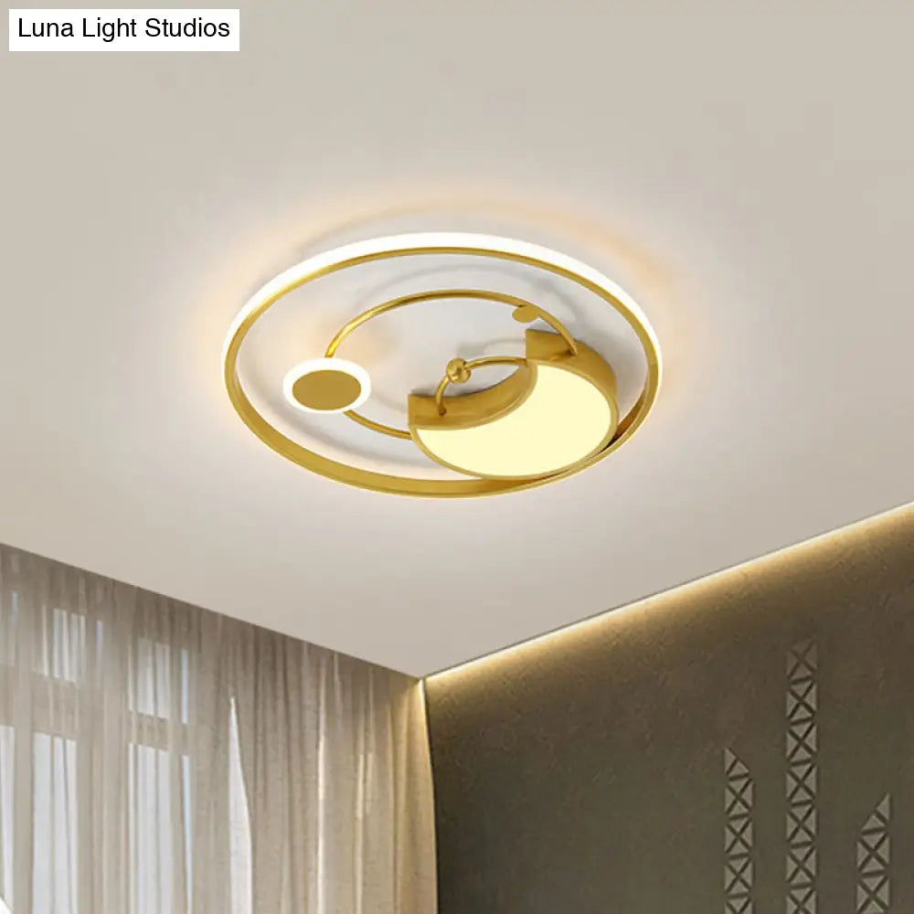 Modernist Led Gold Semi-Flush Ceiling Light - Metal Crescent Flush Mount In Warm/White