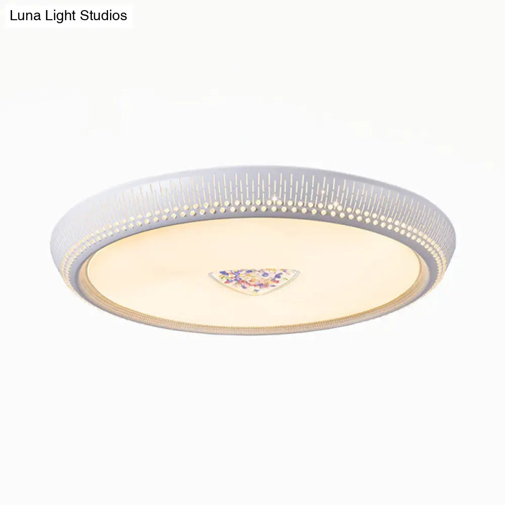 Modernist Led Metal Ceiling Lamp For Bedroom - White Drum Flush Light Fixture 23/31 Wide