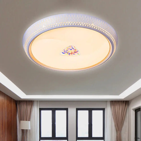 Modernist Led Metal Ceiling Lamp For Bedroom - White Drum Flush Light Fixture 23’/31’ Wide / 23’