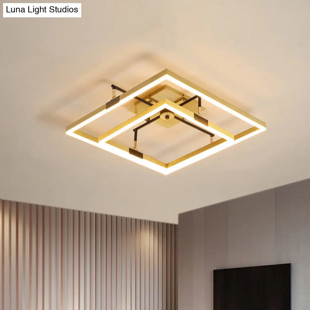 Modernist Led Metallic Flush Mount Lamp: Gold 2-Square Semi Light In Warm/White - 19.5/23.5 Width /