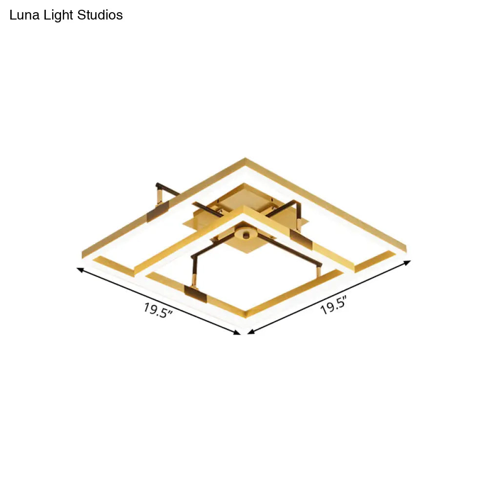 Modernist Led Metallic Flush Mount Lamp: Gold 2 - Square Semi Light In Warm/White - 19.5’/23.5’