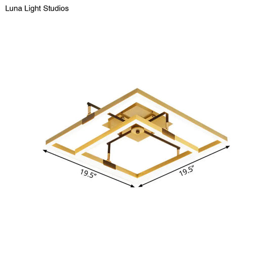 Modernist Led Metallic Flush Mount Lamp: Gold 2-Square Semi Light In Warm/White - 19.5/23.5 Width