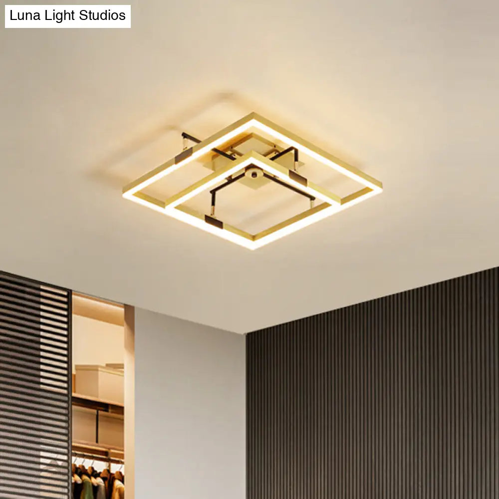 Modernist Led Metallic Flush Mount Lamp: Gold 2-Square Semi Light In Warm/White - 19.5/23.5 Width