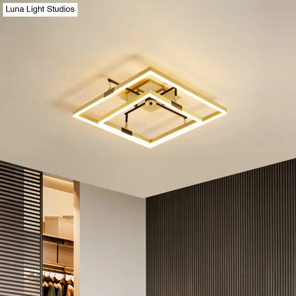 Modernist Led Metallic Flush Mount Lamp: Gold 2 - Square Semi Light In Warm/White - 19.5’/23.5’
