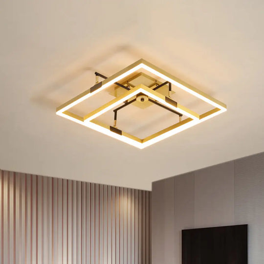 Modernist Led Metallic Flush Mount Lamp: Gold 2 - Square Semi Light In Warm/White - 19.5’/23.5’