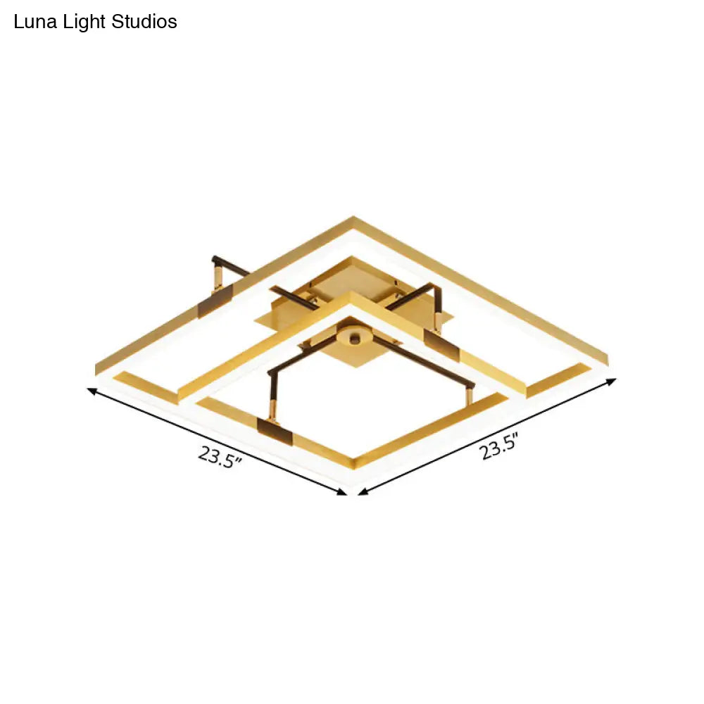 Modernist Led Metallic Flush Mount Lamp: Gold 2-Square Semi Light In Warm/White - 19.5/23.5 Width