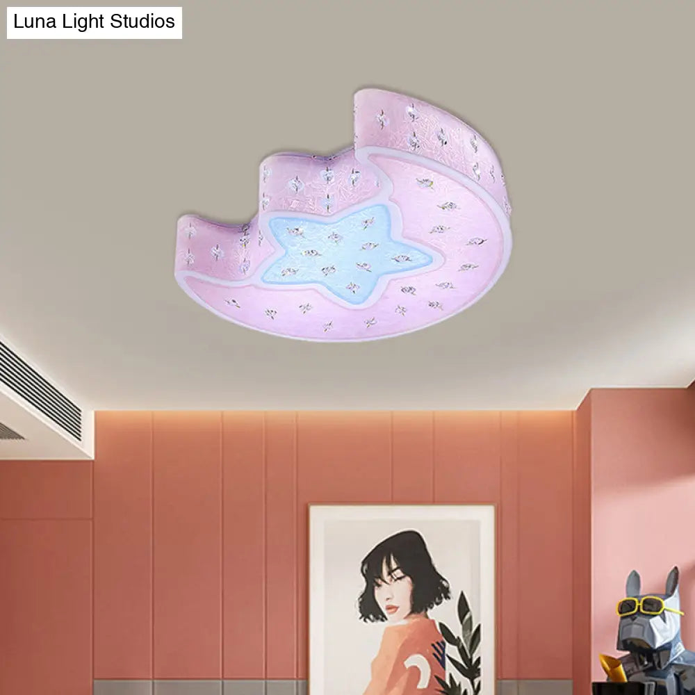 Modernist Led Moon And Star Flush Mount Pendant: Acrylic Blue/Pink Ceiling Lighting With Crystal