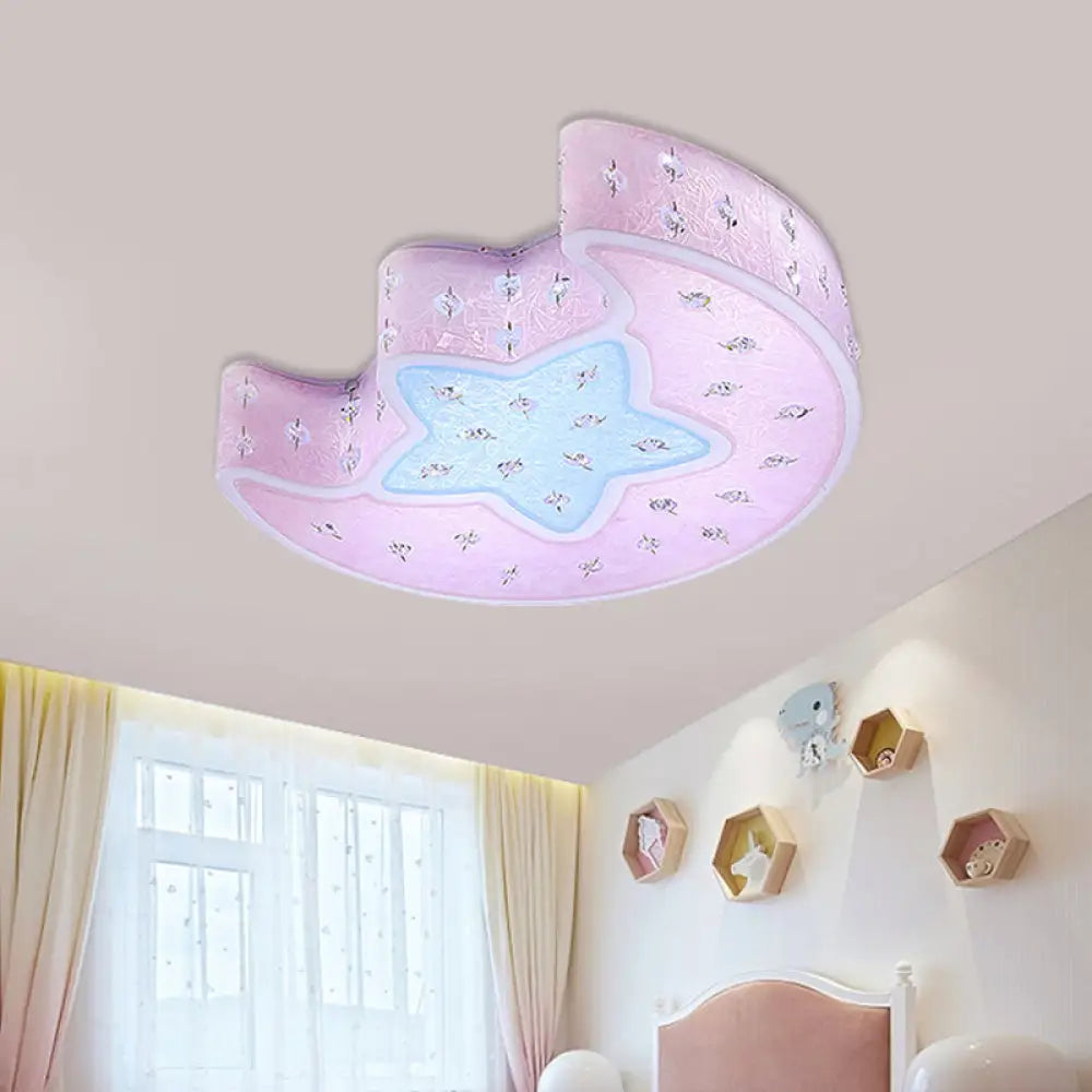 Modernist Led Moon And Star Flush Mount Pendant: Acrylic Blue/Pink Ceiling Lighting With Crystal