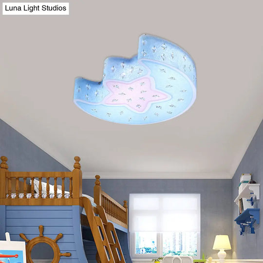 Modernist Led Moon And Star Flush Mount Pendant: Acrylic Blue/Pink Ceiling Lighting With Crystal