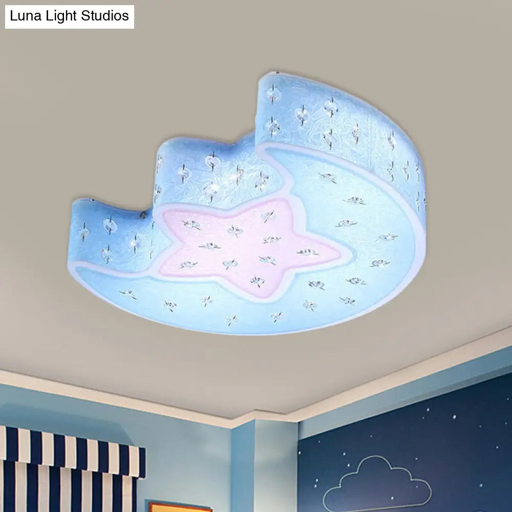 Modernist Led Moon And Star Flush Mount Pendant: Acrylic Blue/Pink Ceiling Lighting With Crystal