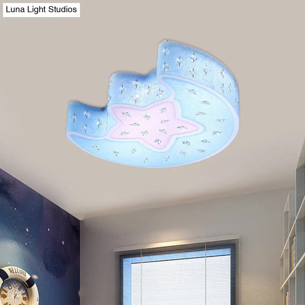 Modernist Led Moon And Star Flush Mount Pendant: Acrylic Blue/Pink Ceiling Lighting With Crystal