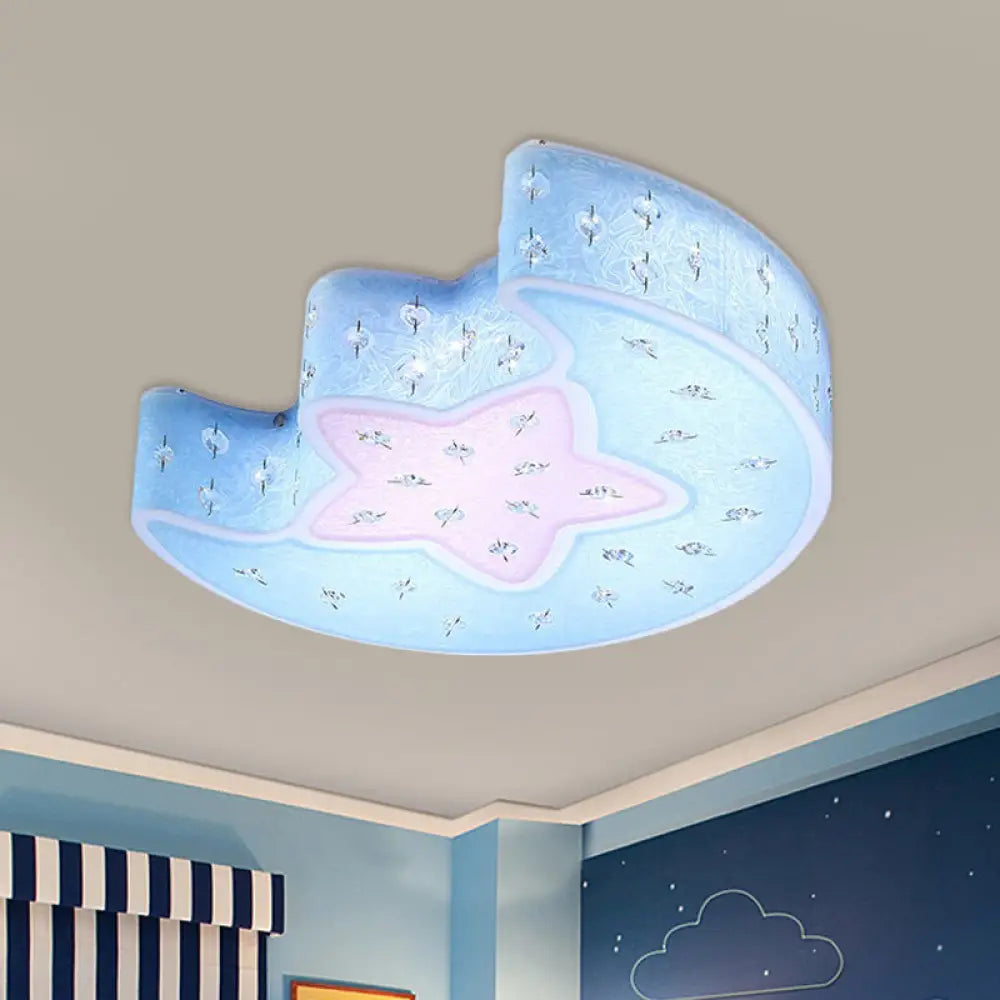 Modernist Led Moon And Star Flush Mount Pendant: Acrylic Blue/Pink Ceiling Lighting With Crystal