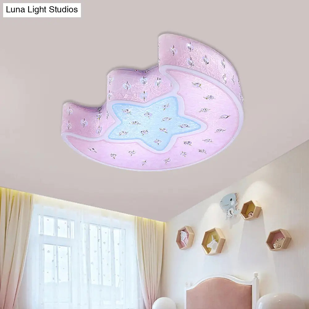 Modernist Led Moon And Star Flush Mount Pendant: Acrylic Blue/Pink Ceiling Lighting With Crystal