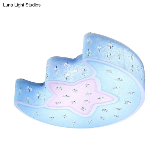 Modernist Led Moon And Star Flush Mount Pendant: Acrylic Blue/Pink Ceiling Lighting With Crystal