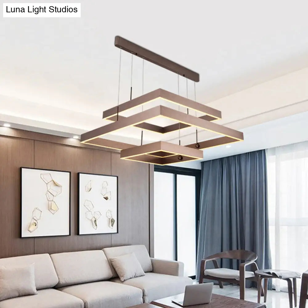 Modernist Led Office Ceiling Chandelier - Layered Square Design Aluminum 3-Light Coffee Finish