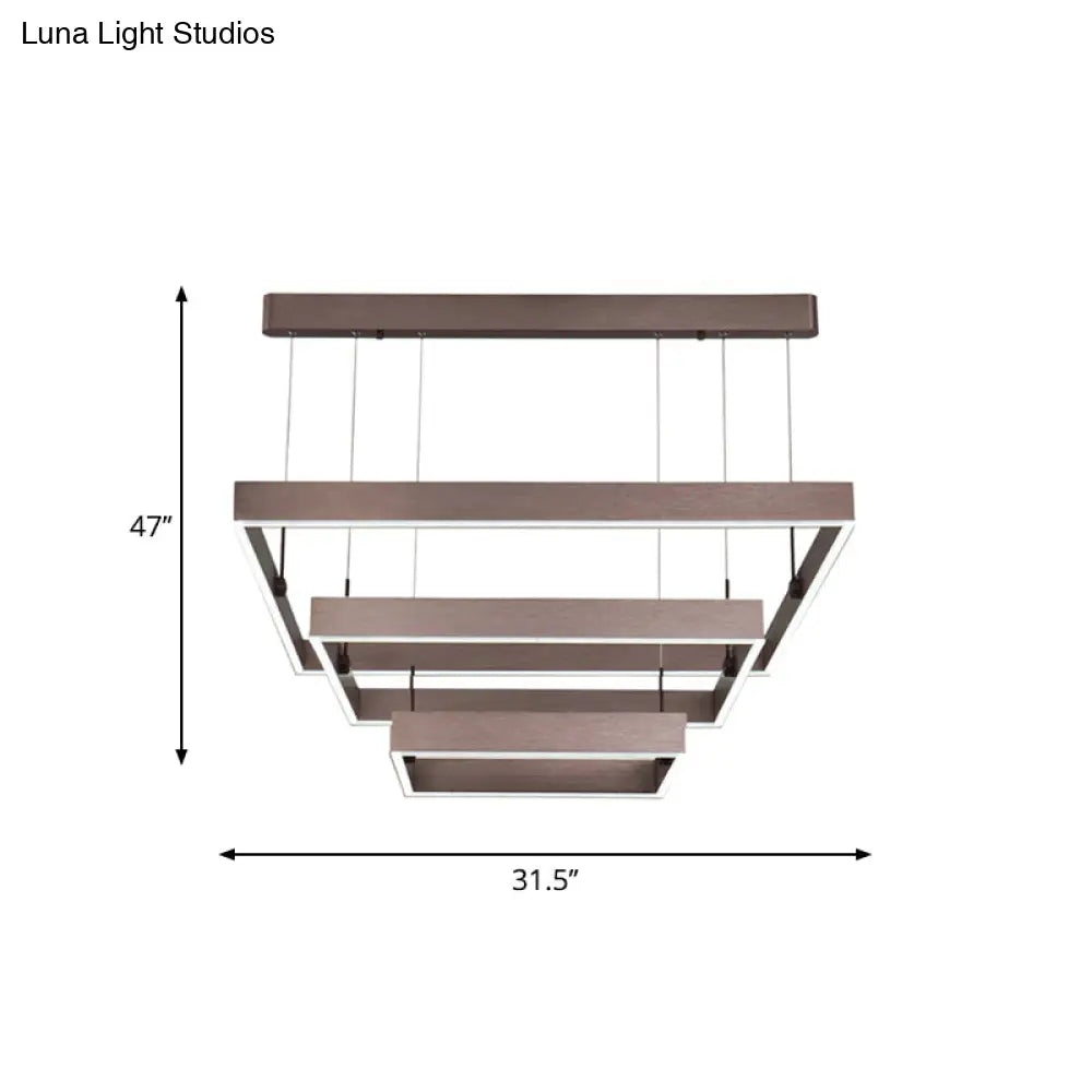 Modernist Led Office Ceiling Chandelier - Layered Square Design Aluminum 3-Light Coffee Finish