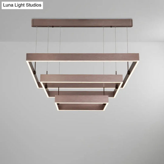 Modernist Led Office Ceiling Chandelier - Layered Square Design Aluminum 3-Light Coffee Finish