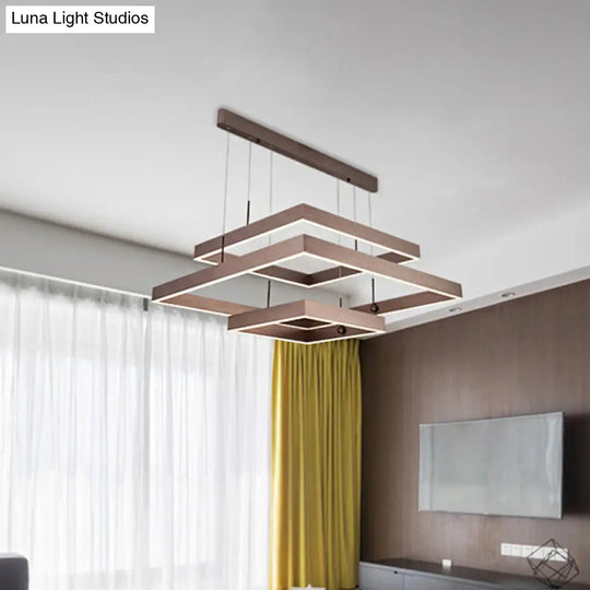 Modernist Led Office Ceiling Chandelier - Layered Square Design Aluminum 3-Light Coffee Finish