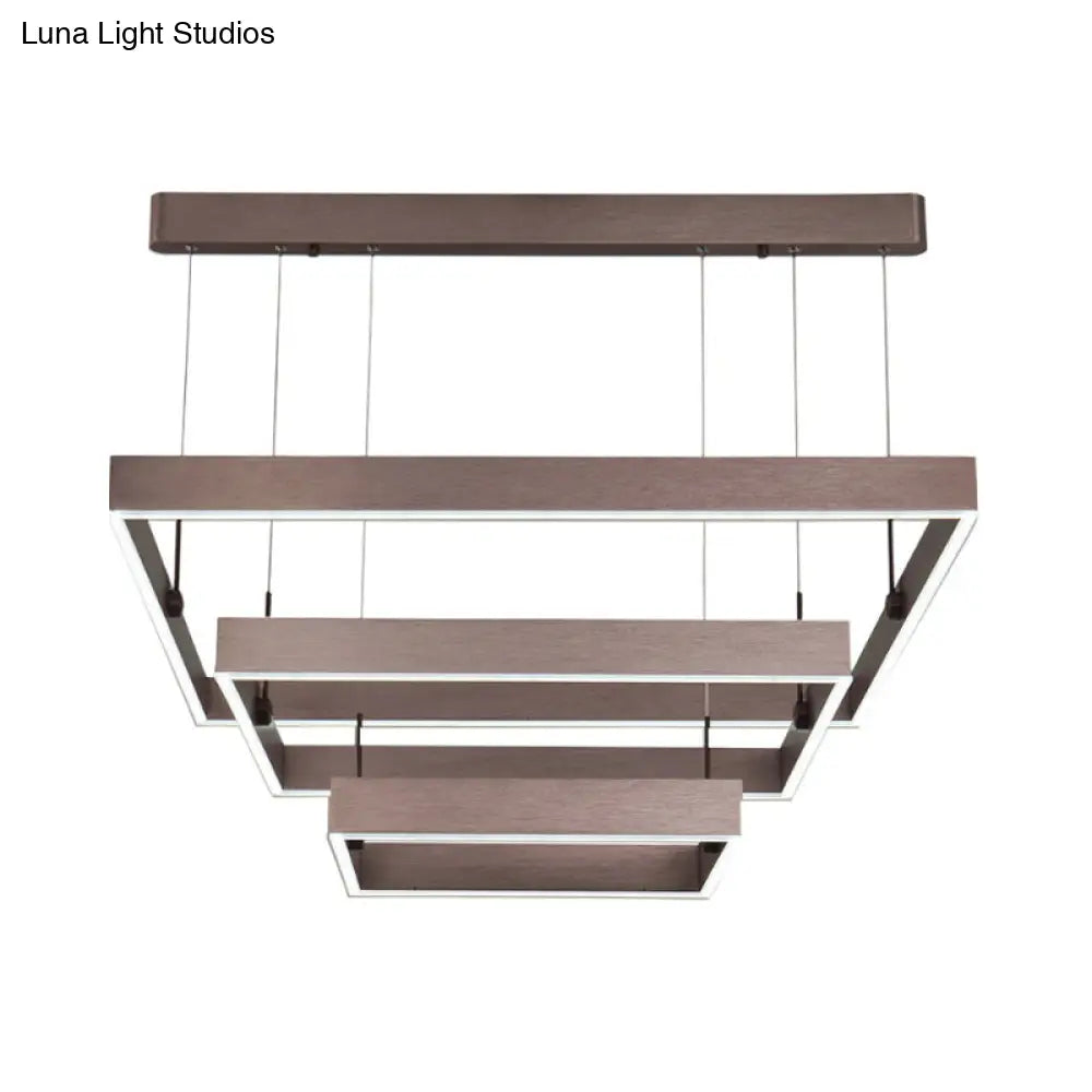 Modernist Led Office Ceiling Chandelier - Layered Square Design Aluminum 3-Light Coffee Finish