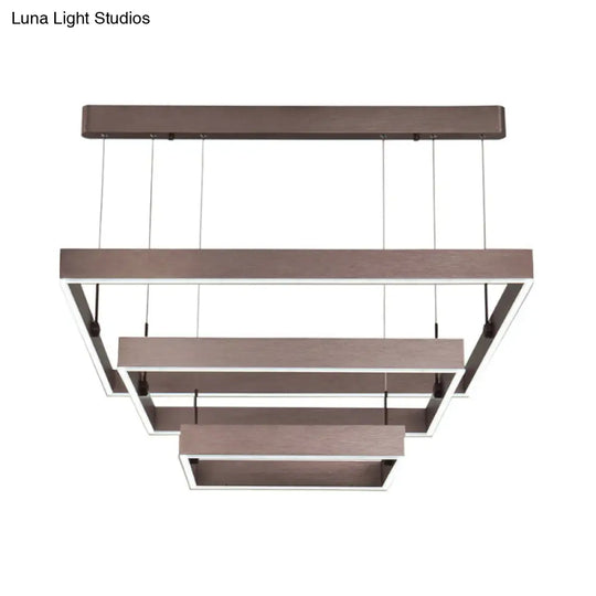 Modernist Led Office Ceiling Chandelier - Layered Square Design Aluminum 3-Light Coffee Finish