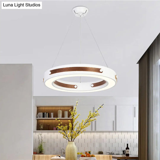 Iron Round Pendant Ceiling Lamp With Led Modernist Design And Wood Detail - Warm/White Light