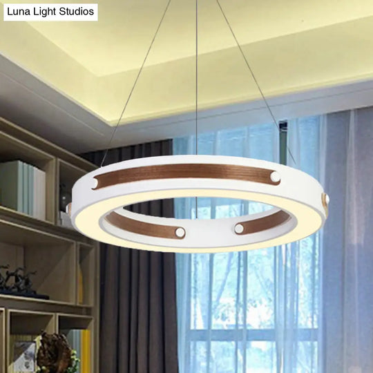 Iron Round Pendant Ceiling Lamp With Led Modernist Design And Wood Detail - Warm/White Light