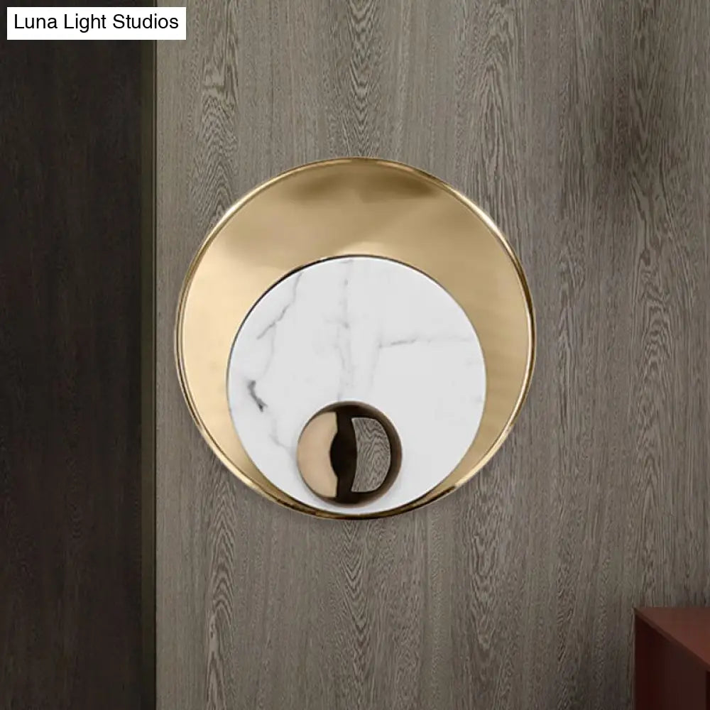 Modernist Led Sconce Lighting: Round Marble White/Black Wall Lamp With Gold Metal Backplate