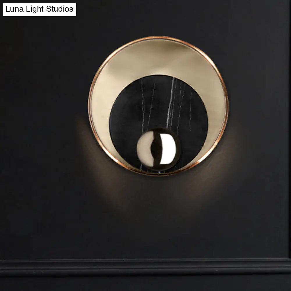 Modernist Led Sconce Lighting: Round Marble White/Black Wall Lamp With Gold Metal Backplate