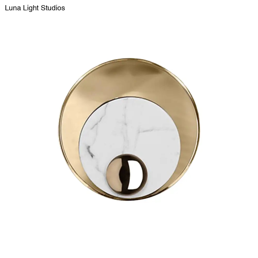 Modernist Led Sconce Lighting: Round Marble White/Black Wall Lamp With Gold Metal Backplate