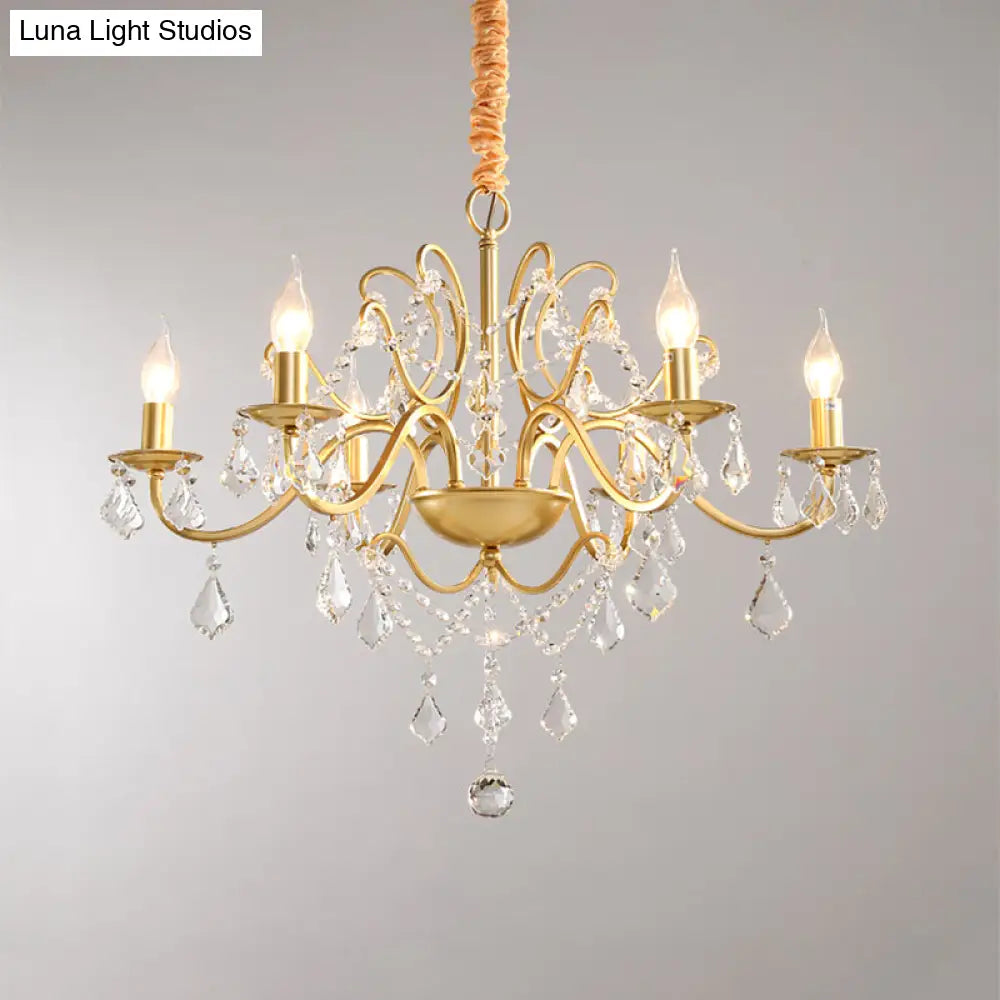 Modernist Metal Candle Chandelier - 6 Bulbs Brass Suspension Lamp With Crystal Strands