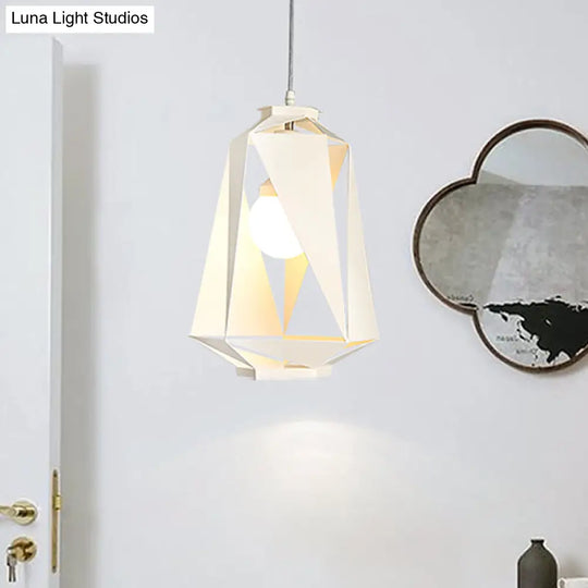 Modern Metal Diamond Pendant Lamp - White Finish Ceiling Hang Fixture With Hollow-Out Design