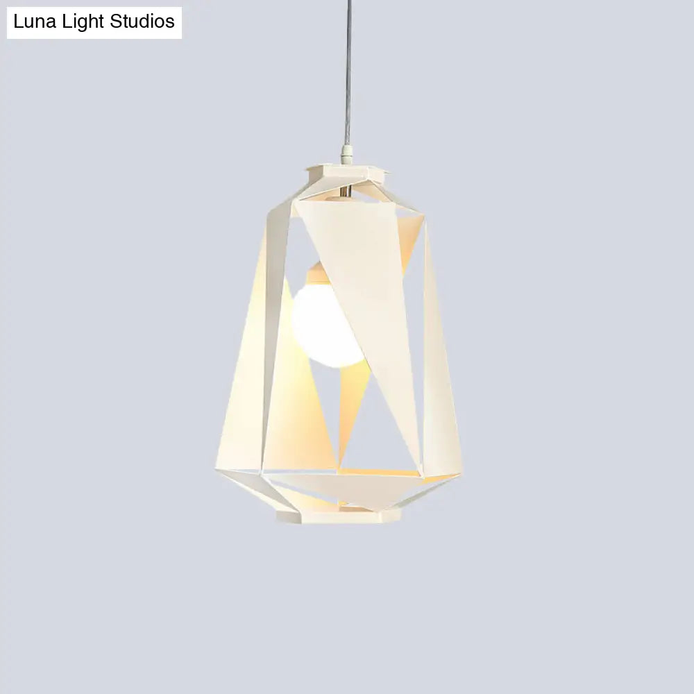 Modern Metal Diamond Pendant Lamp - White Finish Ceiling Hang Fixture With Hollow-Out Design