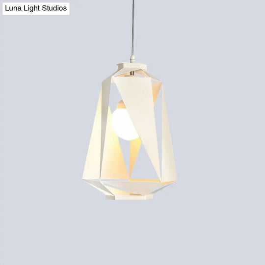 Modern Metal Diamond Pendant Lamp - White Finish Ceiling Hang Fixture With Hollow-Out Design