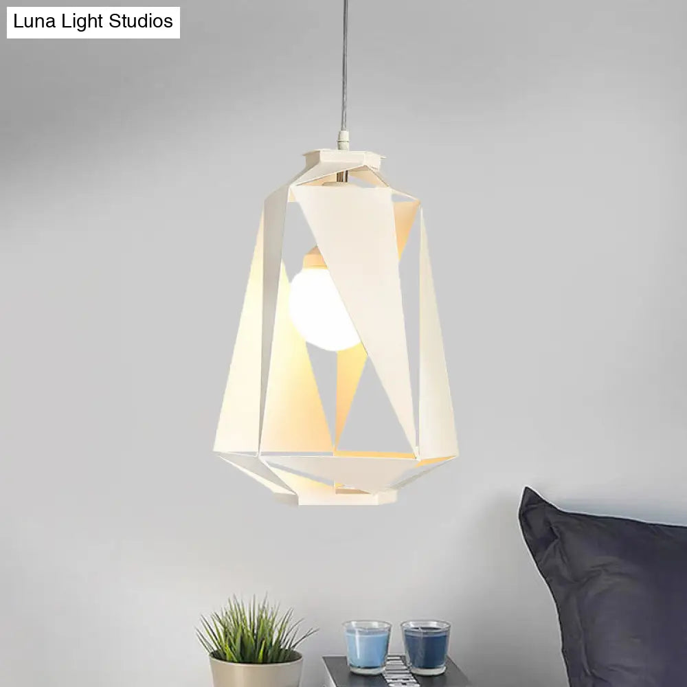 Modern Metal Diamond Pendant Lamp - White Finish Ceiling Hang Fixture With Hollow-Out Design