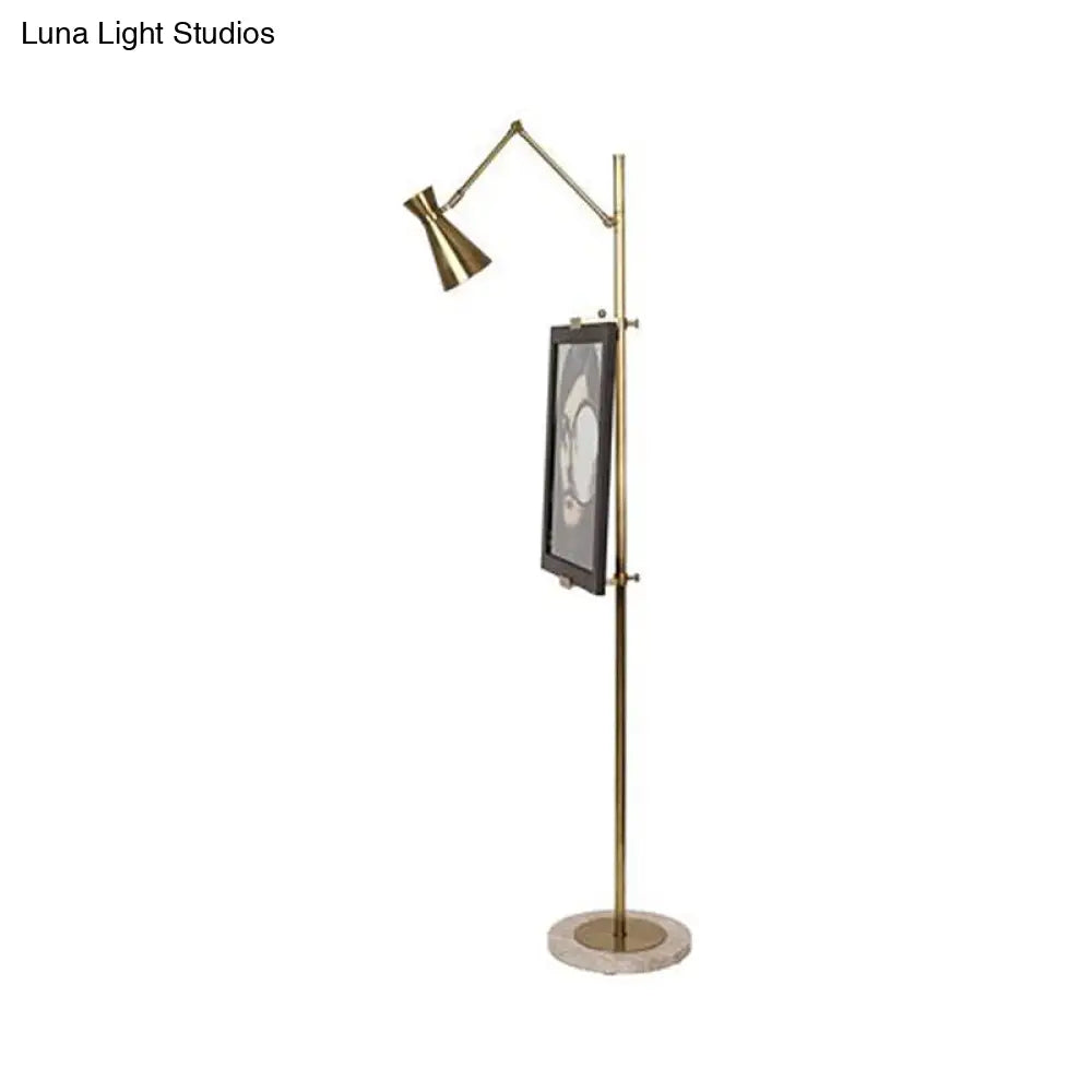 Modernist Metal Floor Lamp With Picture Clip - Brass Hourglass Stand Up Light 1 Bulb