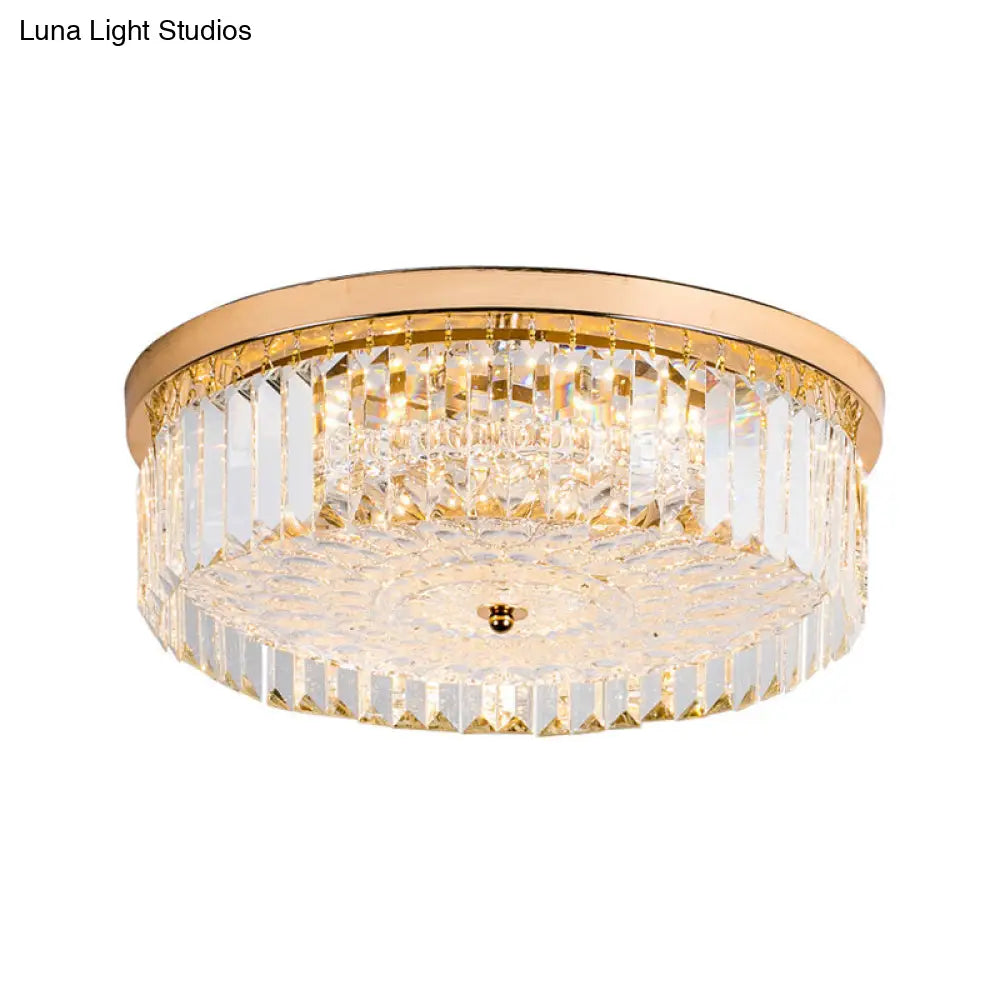 Modernist Metal Flush Mount Lamp With Led Drum Shade And Crystal Prism In Gold Finish - 14/18 Wide