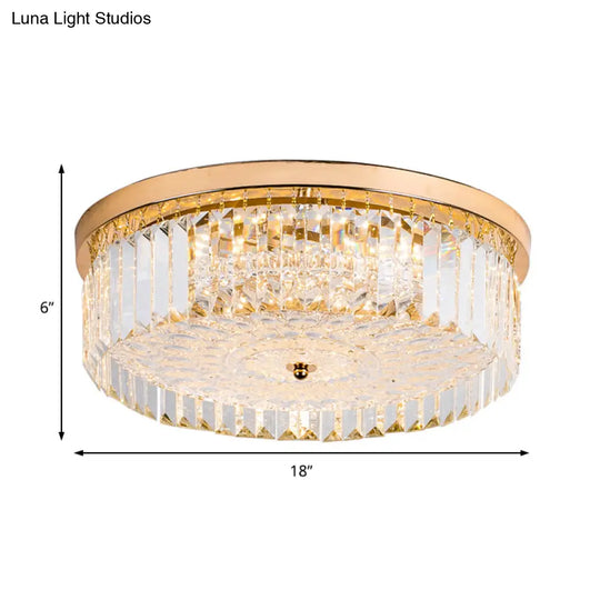 Modernist Metal Flush Mount Lamp With Led Drum Shade And Crystal Prism In Gold Finish - 14’/18’ Wide