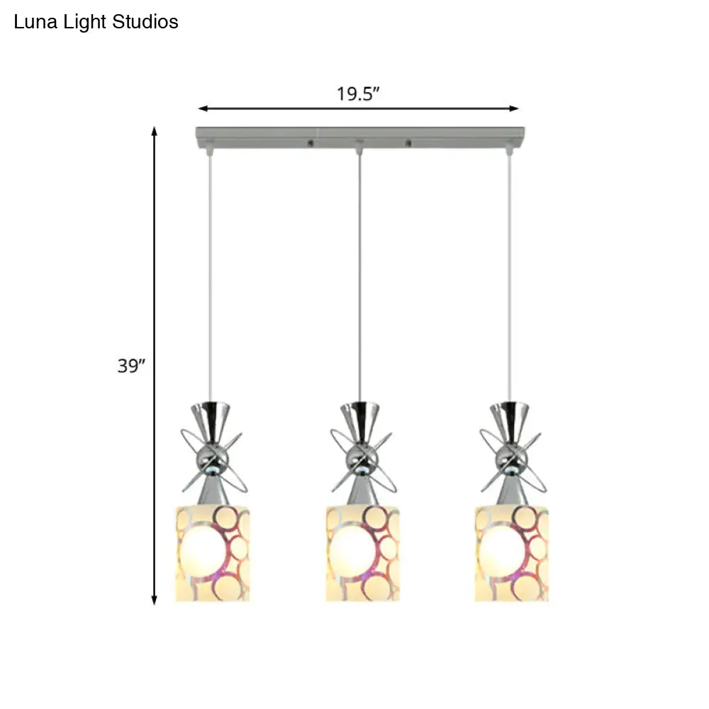 Modernist Metal Hourglass Pendant Ceiling Light With Chrome Finish 3-Bulb And Patterned Glass Shade