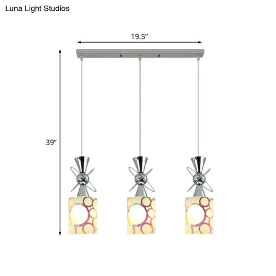 Modernist Metal Hourglass Pendant Ceiling Light With Chrome Finish 3-Bulb And Patterned Glass Shade