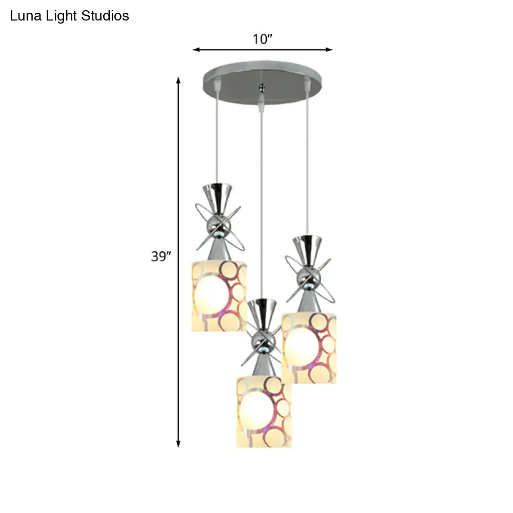 Modernist Metal Hourglass Pendant Ceiling Light With Chrome Finish 3-Bulb And Patterned Glass Shade