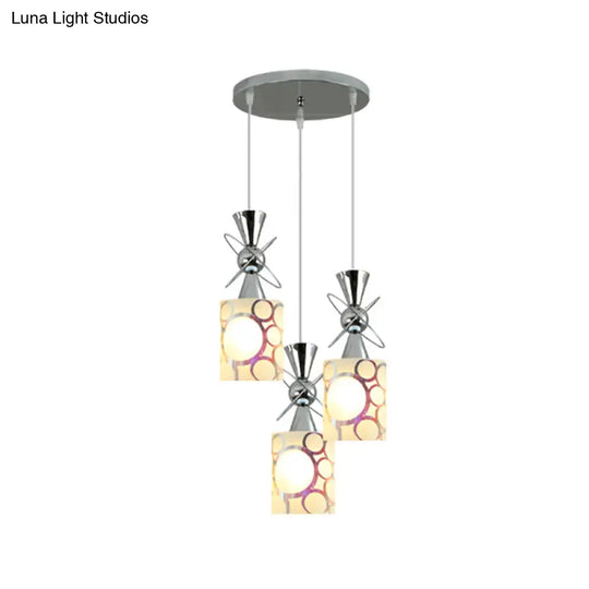 Modernist Metal Hourglass Pendant Ceiling Light With Chrome Finish 3-Bulb And Patterned Glass Shade