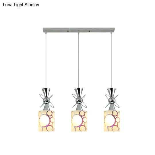 Modernist Metal Hourglass Pendant Ceiling Light With Chrome Finish 3-Bulb And Patterned Glass Shade