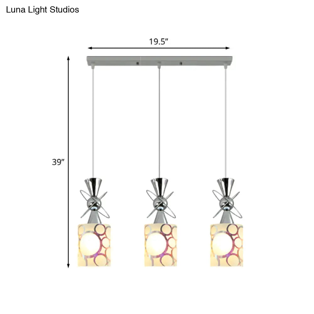 Modernist Metal Hourglass Multi Pendant Ceiling Light With Chrome Finish And Patterned Glass Shade