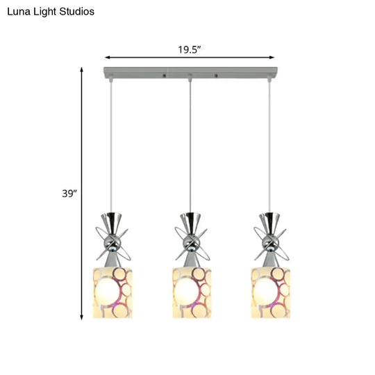 Modernist Metal Hourglass Multi Pendant Ceiling Light With Chrome Finish And Patterned Glass Shade