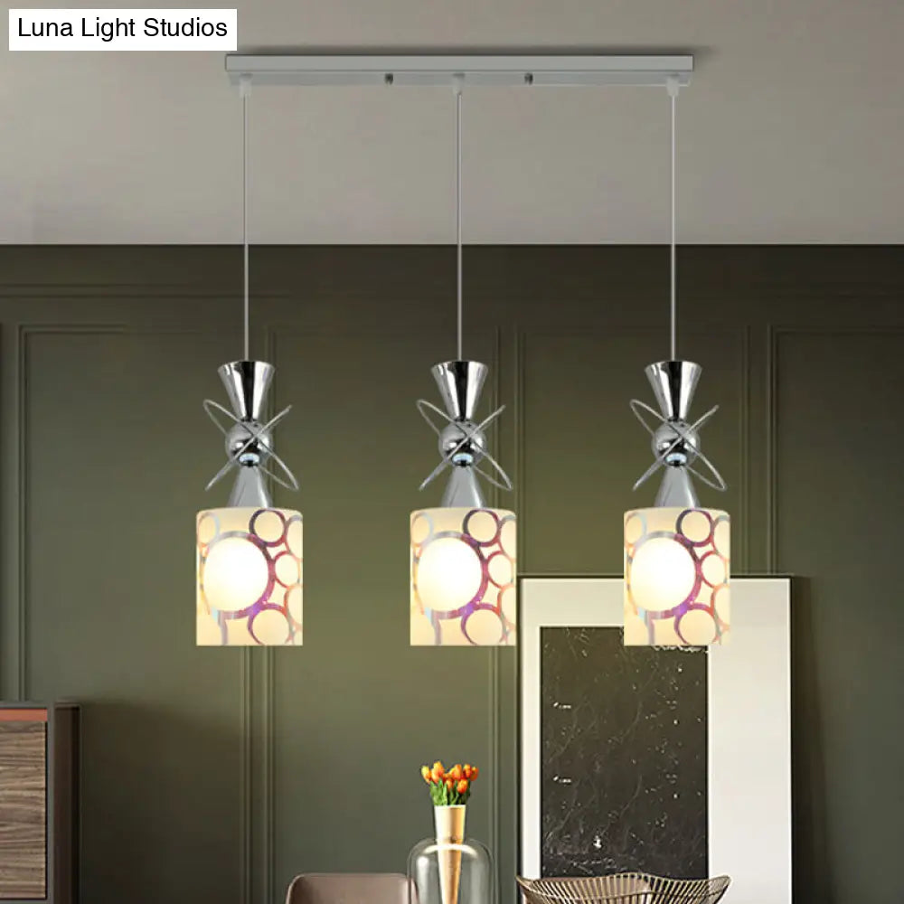 Modernist Metal Hourglass Pendant Ceiling Light With Chrome Finish 3-Bulb And Patterned Glass Shade