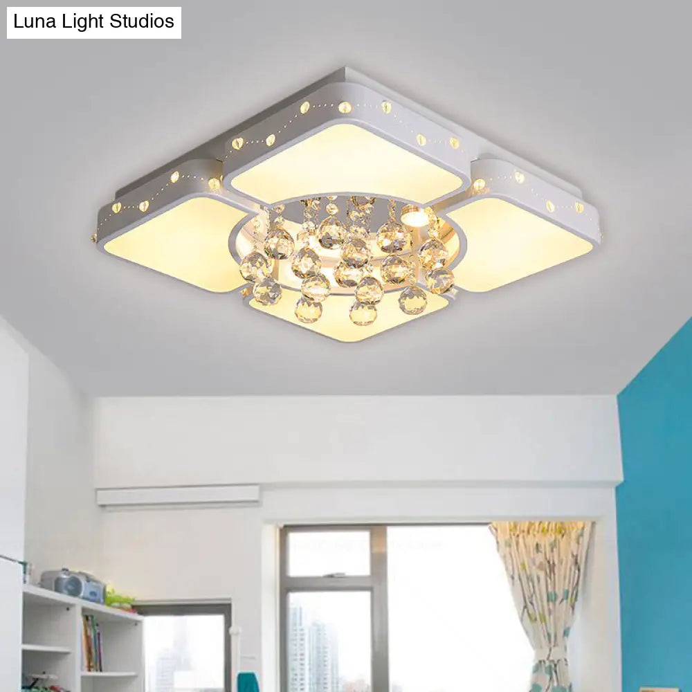 Modernist Metal Led Bedroom Flush Mount Light In White With Crystal Droplet | Square