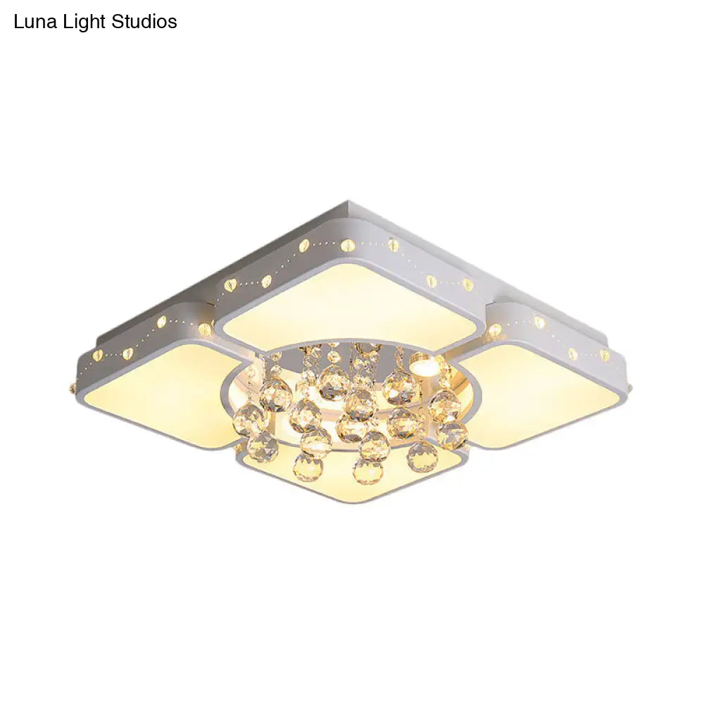 Modernist Metal Led Bedroom Flush Mount Light In White With Crystal Droplet | Square Close - To -