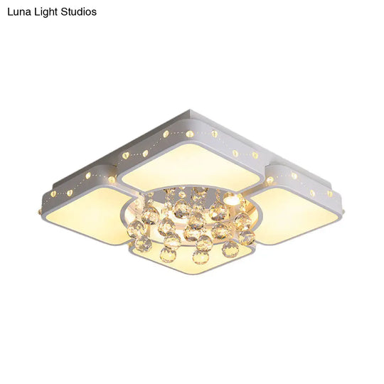 Modernist Metal Led Bedroom Flush Mount Light In White With Crystal Droplet | Square Close - To -