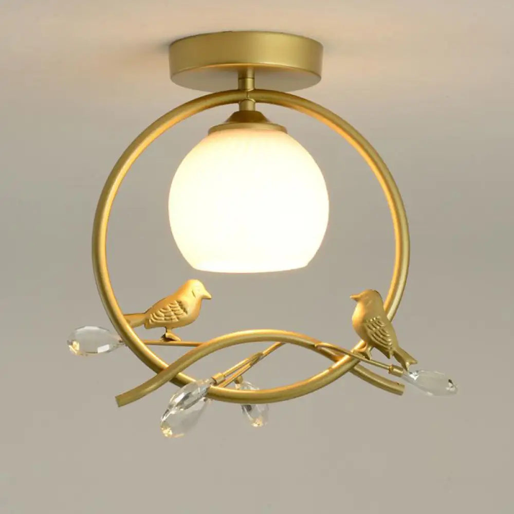 Modernist Metal Ring Semi - Flush Mount Black/Gold Flush Lighting With Bird And Crystal Deco Gold
